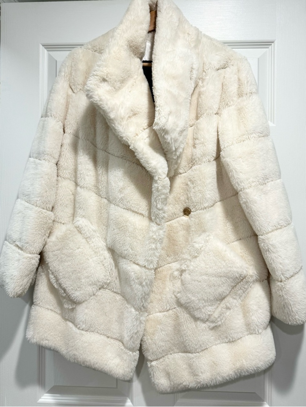 Cream Faux Fur Coat with Shawl Collar